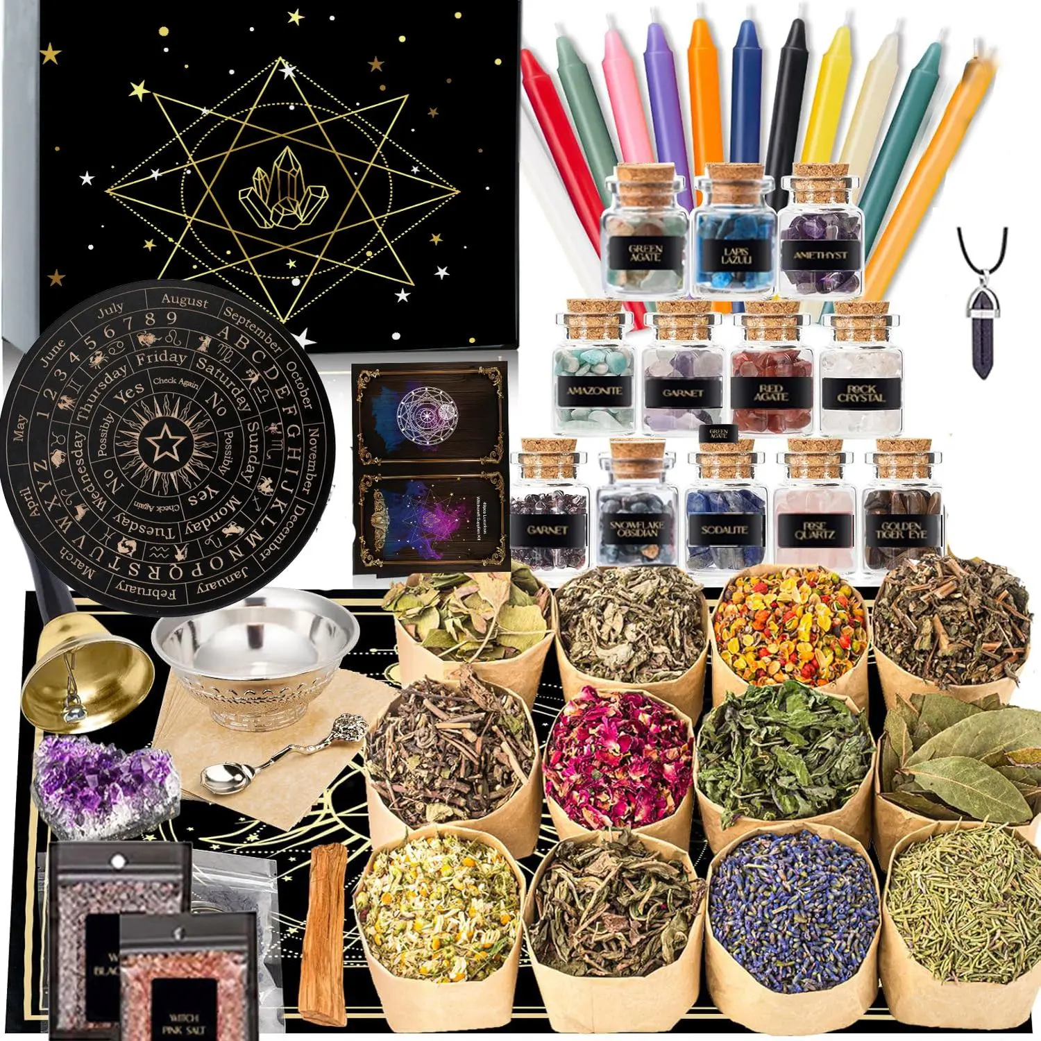 All in One  Supplies  Stuff Spell Kit 88 count,  Supplies and Tools, Include   Candle  Pendulum,    Starter Kit Altar Supplies Pagan Decor