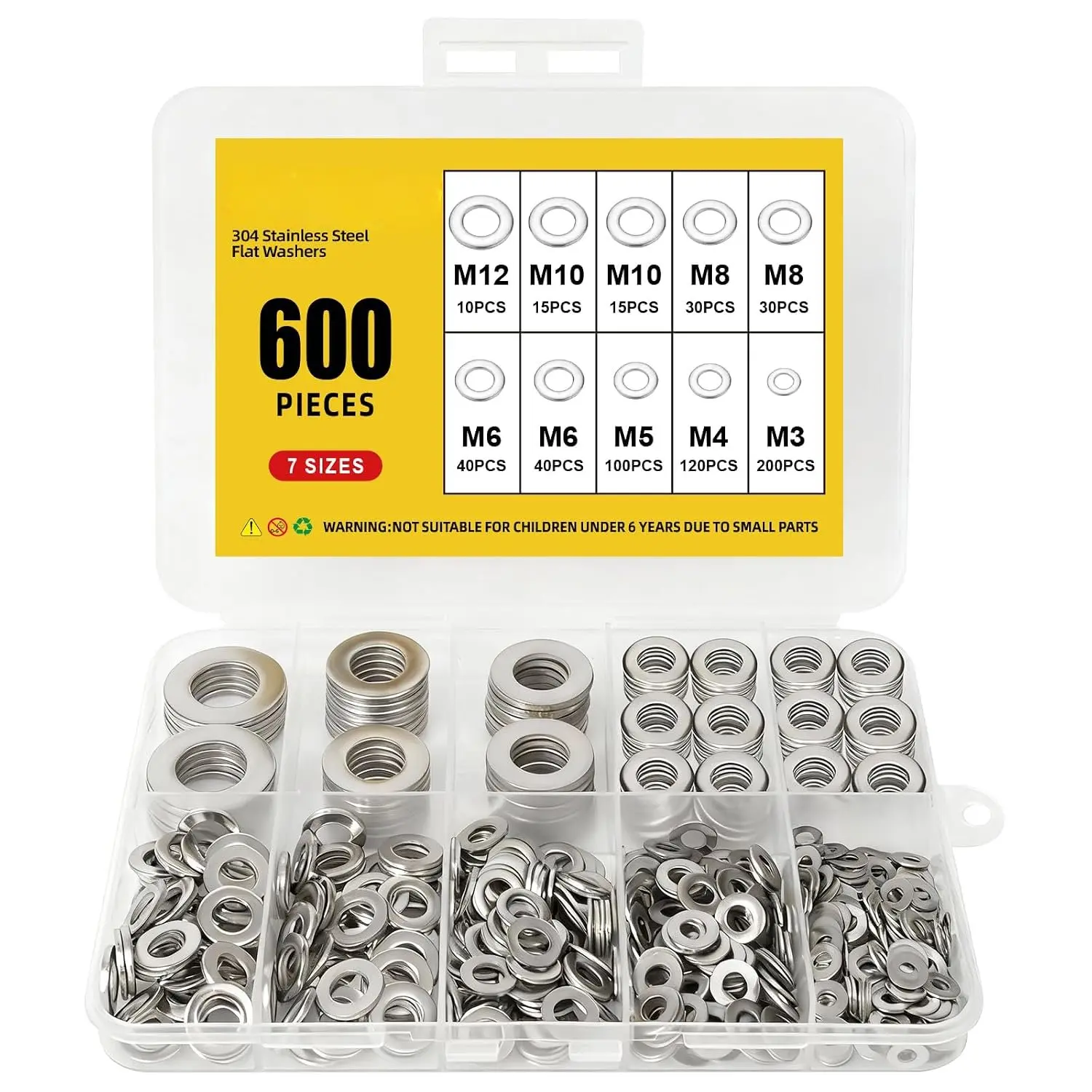 600 count Flat Washers  Kit, 304 Stainless Steel Washers