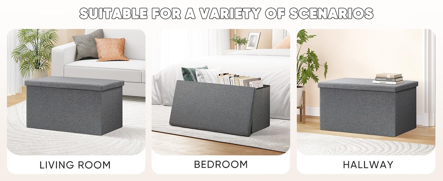 Storage Ottoman with Tray, Linen Coffee Table Folding Long Shoes Bench Footstool, Dark Grey 30"x15.74"x15"