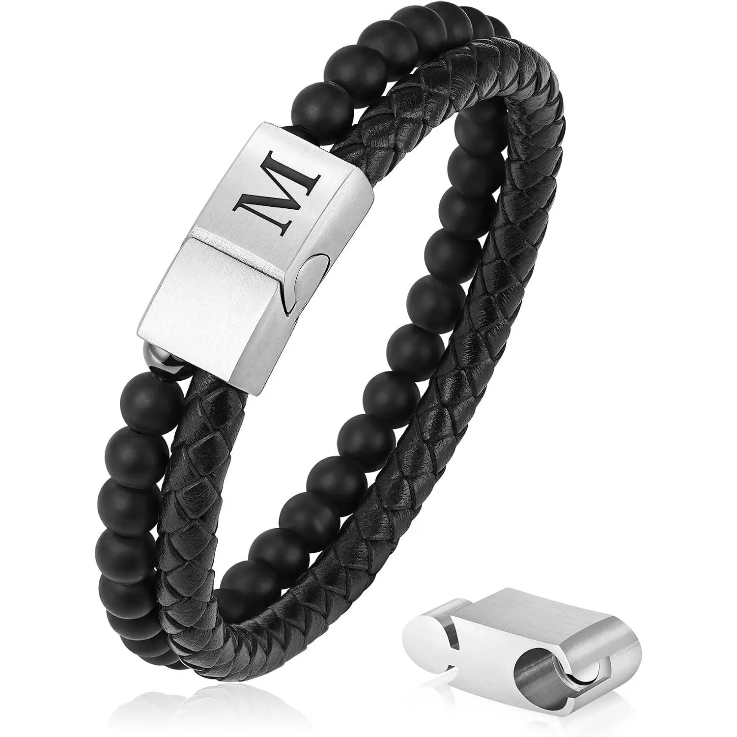 Mens Bracelet - Black Initial M Beaded Bracelets for Men 6mm Matte Agate Beads Stone Mens Leather Bracelets Valentines Day Anniversary Birthday Gifts for Men Him Husband Boyfriend