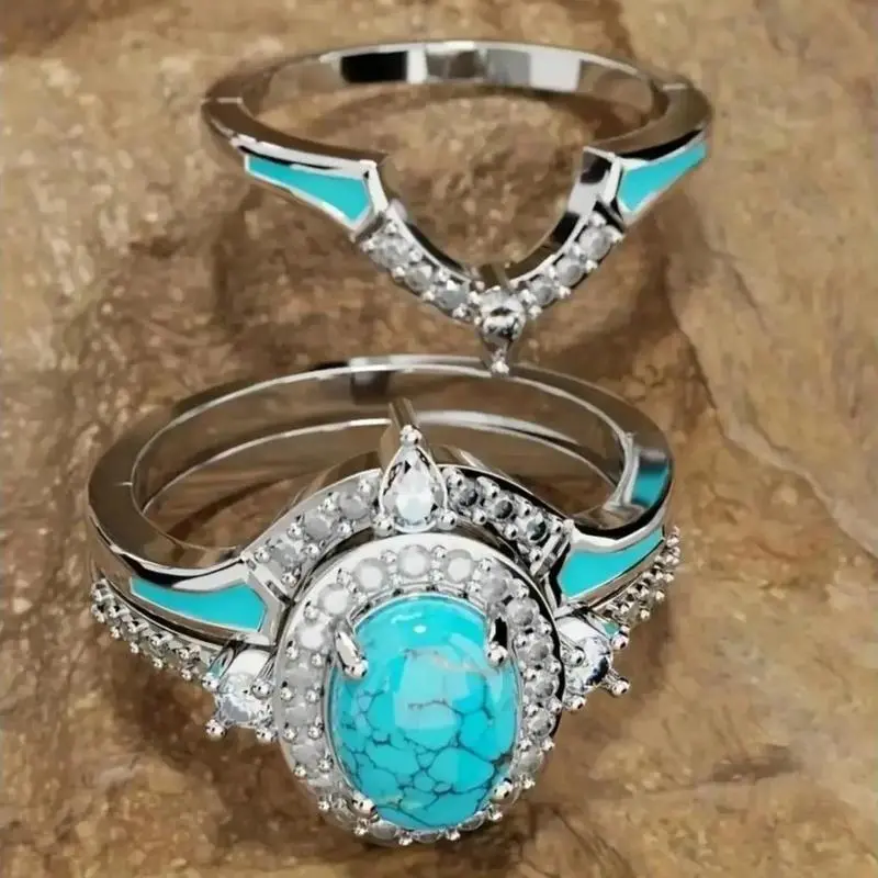 Women's Vintage 3-Pack Turquoise Accent Ring Set - Elegant Cubic Zirconia Stackable Bands, Retro Boho Wedding/Engagement Jewelry, Birthday Anniversary Gifts for Wife, Sohochic