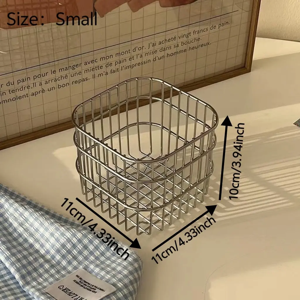 Stainless Steel Square Grid Storage Basket, Minimalist Metal Style, Ventilated, Ideal for Kitchen, Desk, Bathroom, Picnic