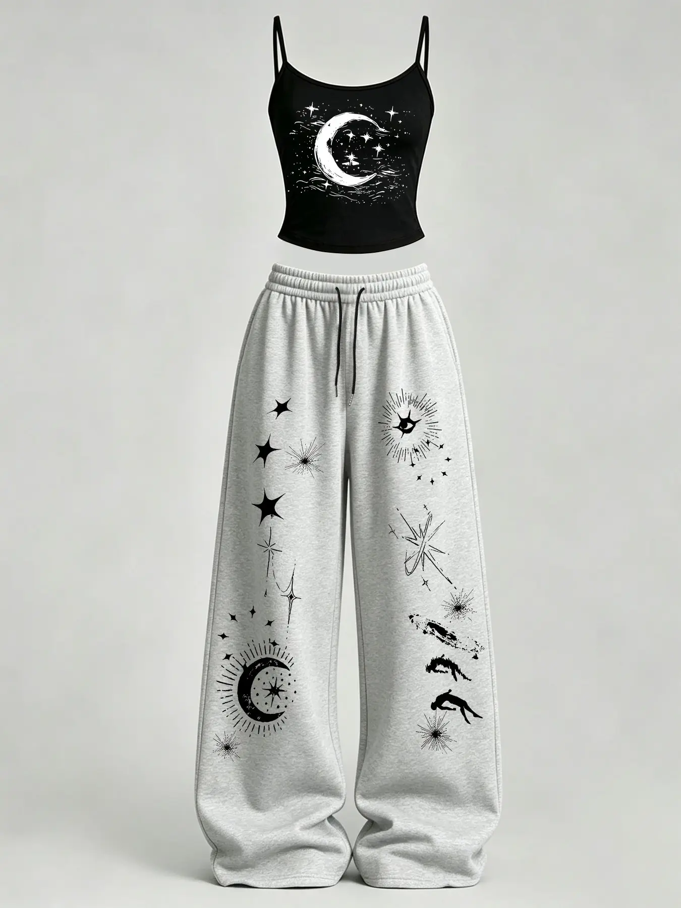 Women's Casual Home Wear Set, Star Moon Print Slim Fit Tank Top + Loose Pants, Y2K Street Style, Daily Commute, Campus, Home Relax