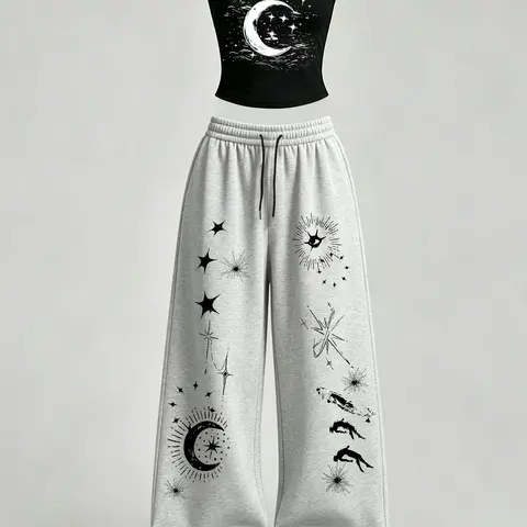 Women's Casual Home Wear Set, Star Moon Print Tank Top Slim Fit + Loose Baggy Pants, Y2K Street Style, for Daily Commute, Campus, Home Relaxation