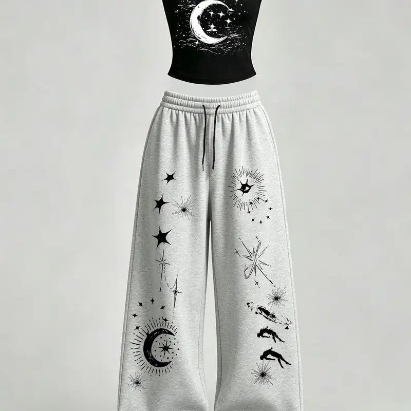 Women's Casual Home Wear Set, Star Moon Print Tank Top Slim Fit + Loose Baggy Pants, Y2K Street Style, for Daily Commute, Campus, Home Relaxation