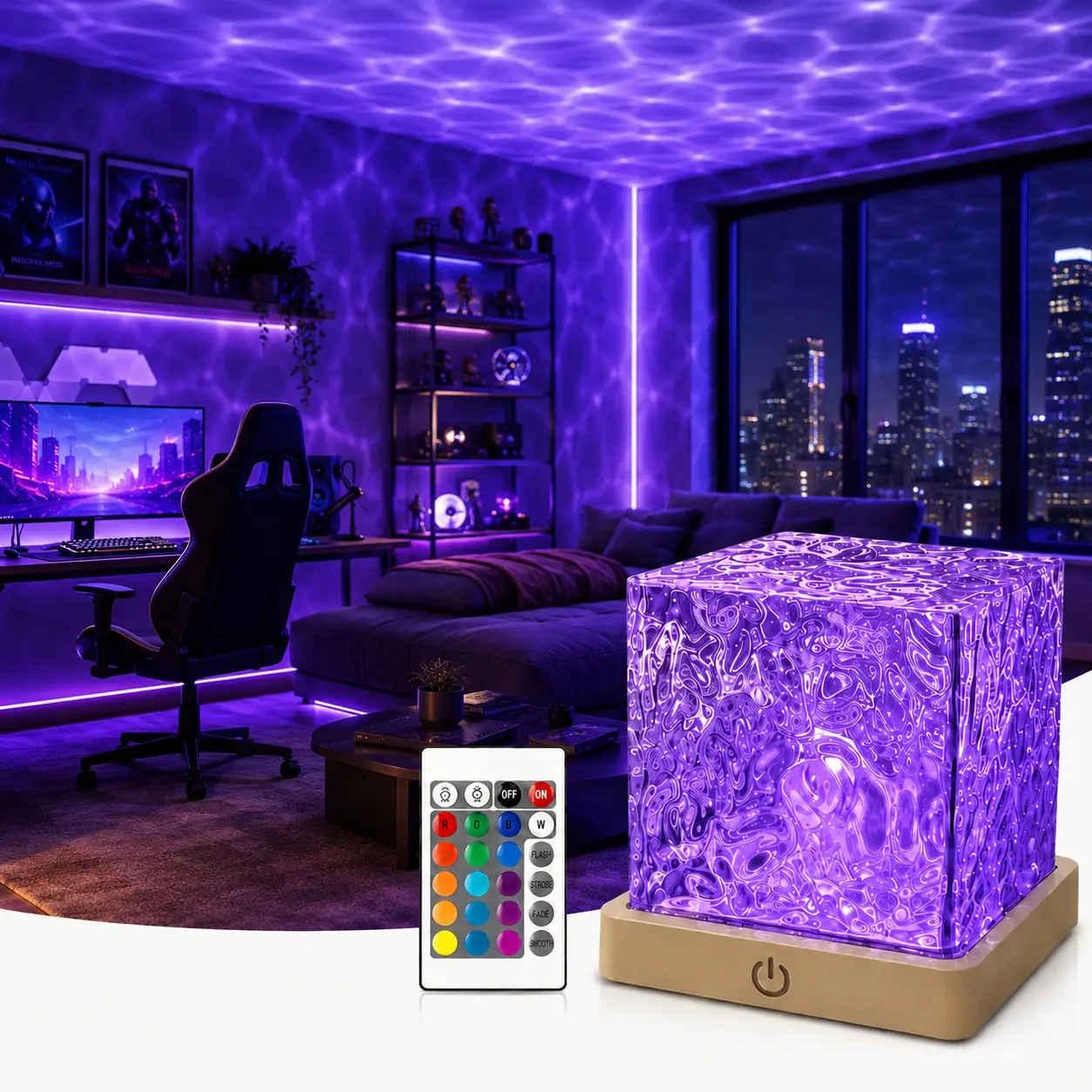 16 Color Rechargeable Water Ripple Projector, Cordless Ocean Wave Ambient Lamp with Remote Control, Dimmable Mood Lighting for Bedroom and Gaming Room