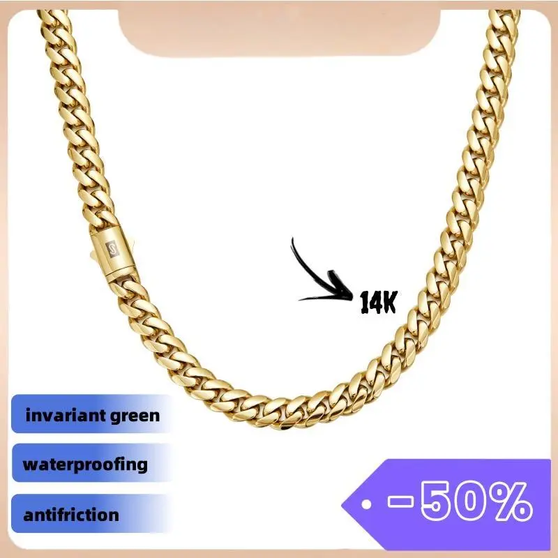 New Monaco Women&Men 14K Gold Cuban Link Chain –Black "S" Clasp 1Necklace Chunky Hip Hop Necklace for Men, Stainless Steel, Waterproof Streetwear Jewelry
