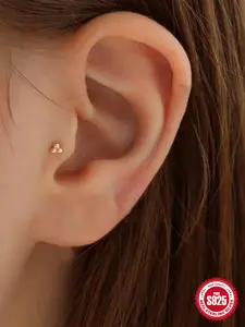 1Pc S925 Sterling Silver Gold Plated Trinity Bead Piercing Earring, Minimalist Three-Bead Flat Back Threaded Cartilage Helix Stud, Poke-Free Nap Safe Comfy Jewelry Fashion Earring Trendy Gift for Her