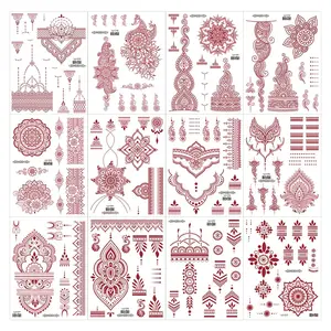 12 Sheets Henna Temporary Tattoos Kit Lace Fake Tattoos Indian Brown Red Waterproof Henna Mandala Flower Pattern Tattoo Stickers for Women Wedding Holiday Party Body Hands Decor Supplies