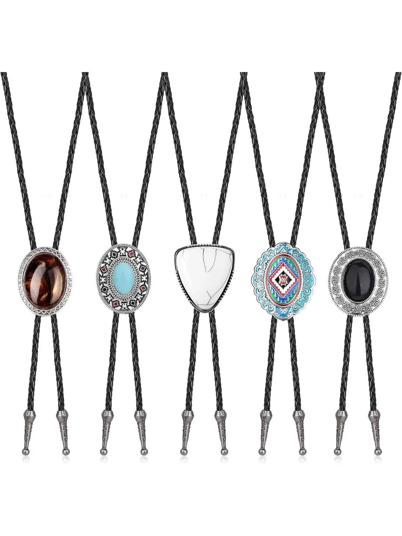 5Pcs Bolo Tie for Men Handmade Western Cowboy Leather Necktie Totem Element Halloween Costume Accessories Stylish Tie Design