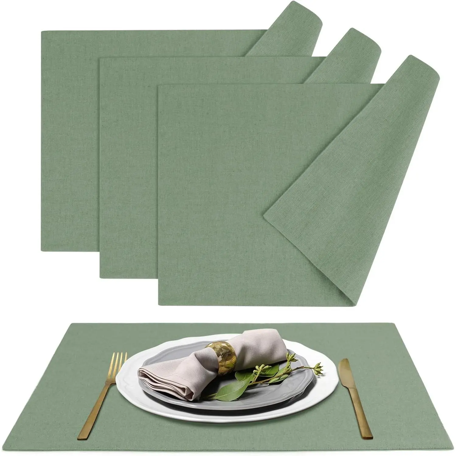 Sage Green Fabric Placemats Set of 4 - Washable Thick Faux Linen Table Place Mats Wrinkle Free Dining Kitchen - 13x19 Inch Oeko Tex Farmhouse Placemat