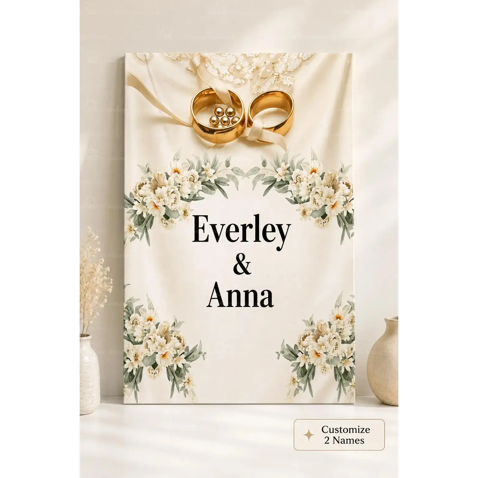 Custom Wedding Rings Floral Canvas Poster Personalized 2 Names Print, Elegant Couple Wall Art, Anniversary Wedding Gift, Bedroom Living Room Decor, Aesthetic Poster Print, Custom Canvas Wall Decor