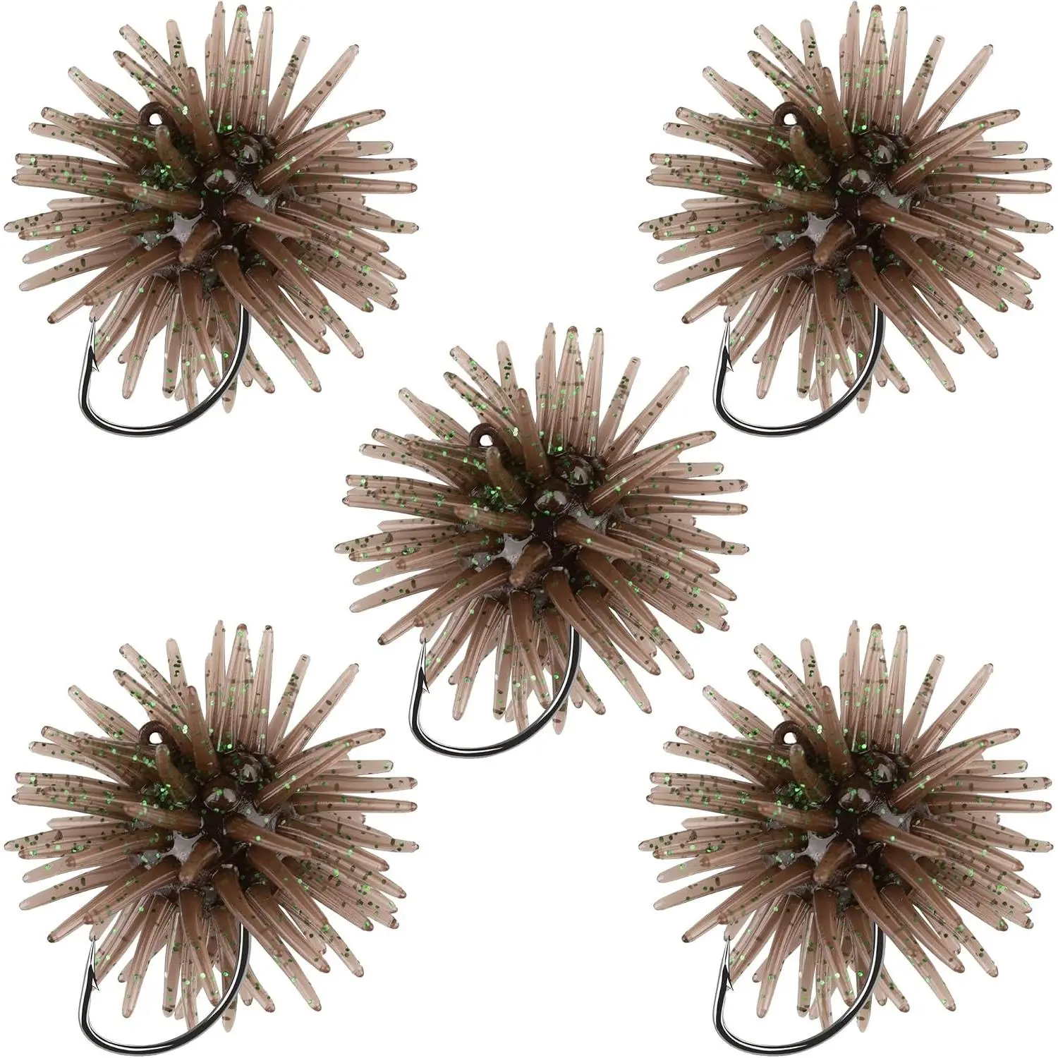 5 Pcs Pre-Rigged Sea Urchin Soft Fishing Lures, Weedless Floating Swimbaits with Pre-Hooked Tentacles, Ready-To-Use Baits for Bass, Drop Shot Freshwater Fishing