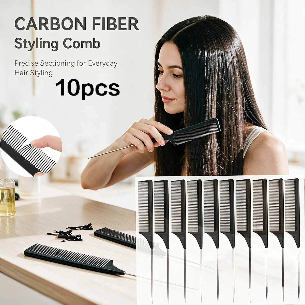 10pcs Rat Tail Comb, Carbon Fiber Heat Resistant, Metal Pick, Lightweight, Fine Tooth, Anti-Static, Professional Hair Styling Tools, Hair Styling Combs