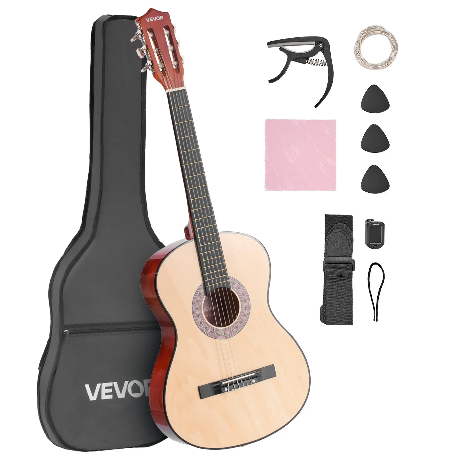 VEVOR 38-In Beginner-Friendly Basswood Classical Guitar Starter Kit for Students, with Nylon Strings, Gig Bag, Shoulder Strap, Tuner, Extra Strings, Pick, Capo, Rich Resonance, Tight Binding, Natural Finish