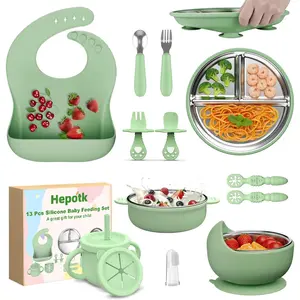 13 Pack Silicone Baby Feeding Set BPA-Free Stainless Steel Toddler Feeding Supplies Include Suction Plates Baby Bowls Silicone Fork & Spoon First Stage Baby Dish Set for 6+ Months
