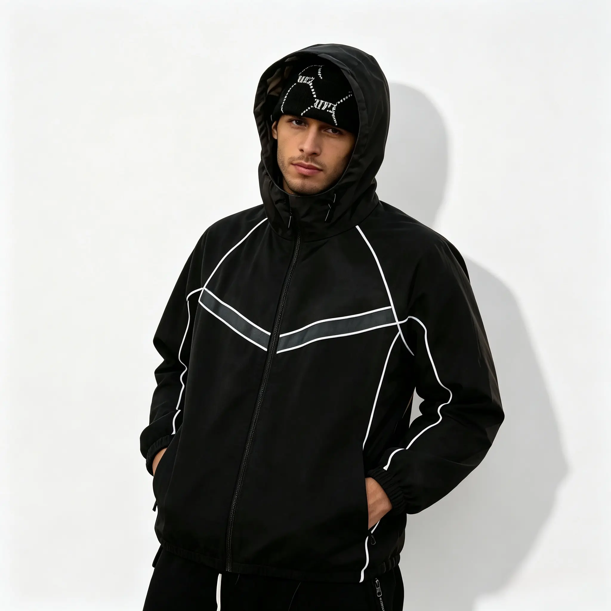 Men’s Black Reflective Stripe Hooded Windbreaker Jacket Full Zip Water Resistant Outerwear with Adjustable Cuffs, Hem Drawstring, Loose Streetwear for Teen Boys Daily Skate, Outdoor Use Wool Blend Winter Trench Coat Sherpa Lined Plaid Zip-Up heavyweight