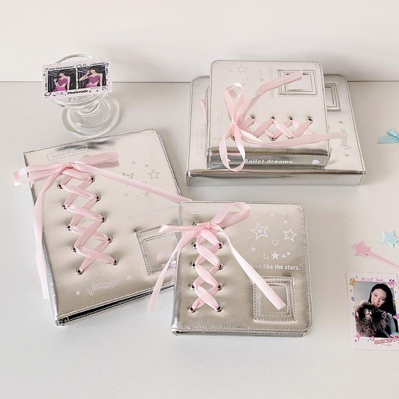 Silver Leather PU Photo Album Ballet Ribbon Photocard Binder 3 Inch Kpop Idol Card Collection Book A5 A7 Photo Albums INS Style