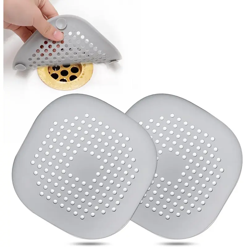4.7 in Silver Gray Square Ceramic Bathroom Silicone Hair Catcher Drain Covers, 2-Piece Decorative Pieces with Circular Holes & Suction Cups, Easy-Install Bathtub Home Supply Gadget, Household, Kitchen