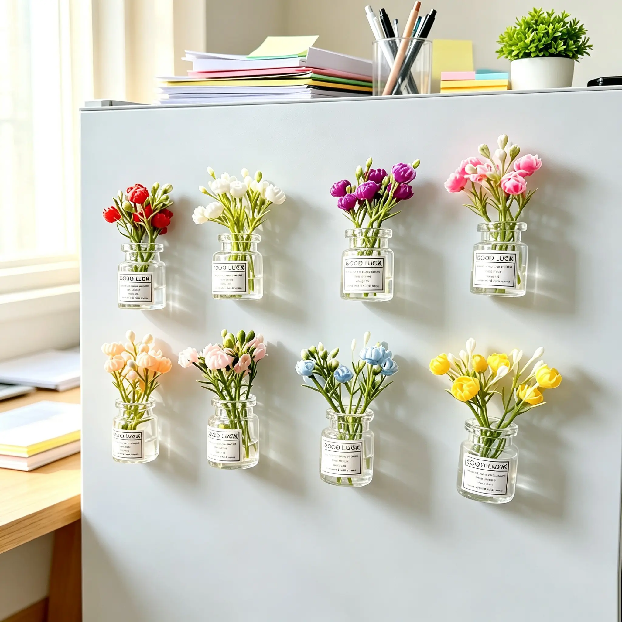 8pcs Mini Flower Vase Fridge Magnets Set, 3D Resin Aesthetic Refrigerator Magnets, Cute Floral Magnetic Stickers for Kitchen, Office & Locker