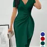 【Black Friday】Women's Chic Bodycon Party Dress for Spring and Summer, V-Neck Knee-Length Ruffle Wrap-Style Dress with Ruched Waist Detail and Slim, Waist-Cinching Fit, Elegant Formal Dress for Evening Events
