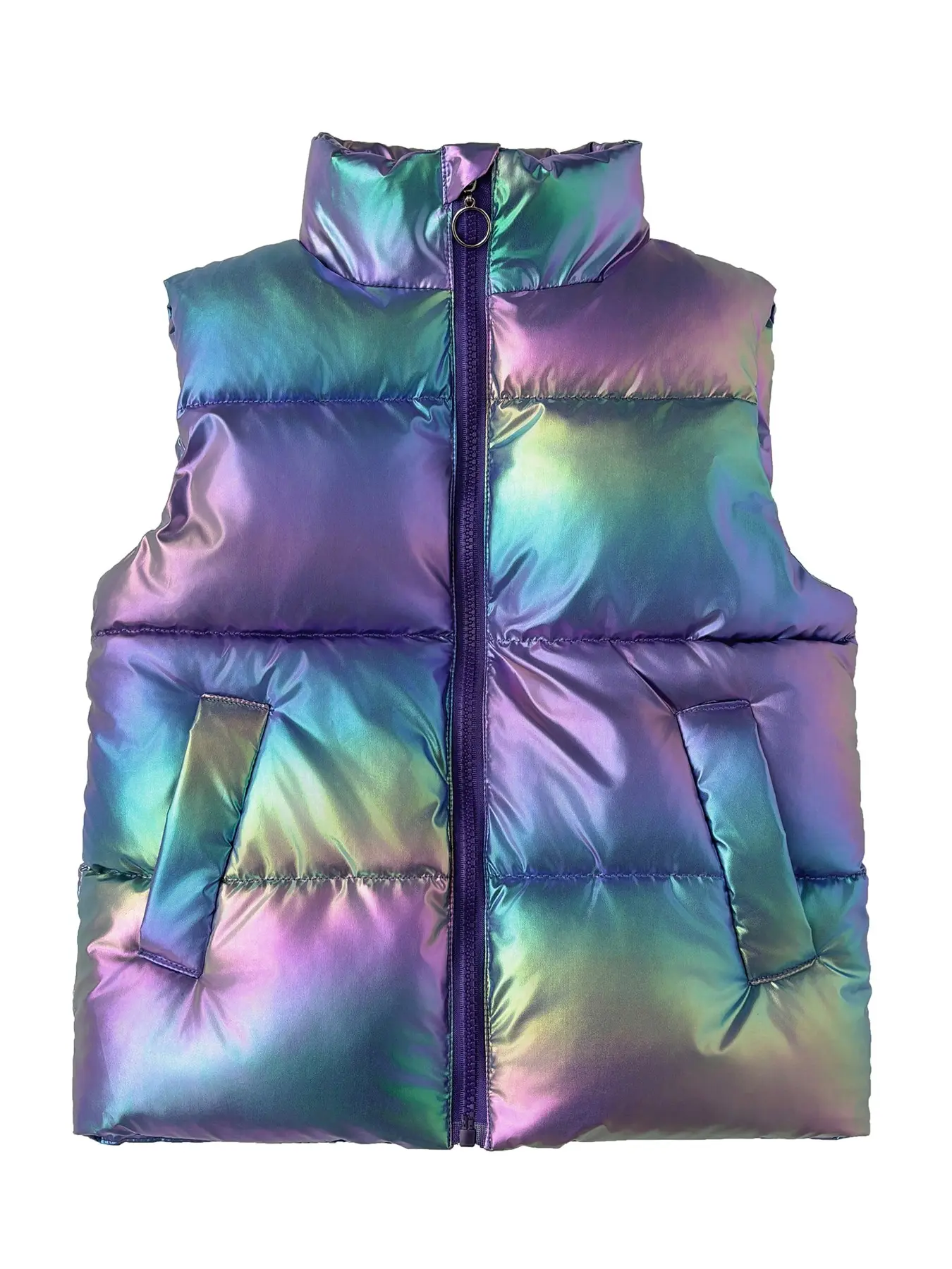 Kids Iridescent Shiny Puffer Vest Stand Collar Zip Up Sleeveless Padded Gilet, Girls Winter Warm Lightweight Outerwear Waistcoat with Pockets