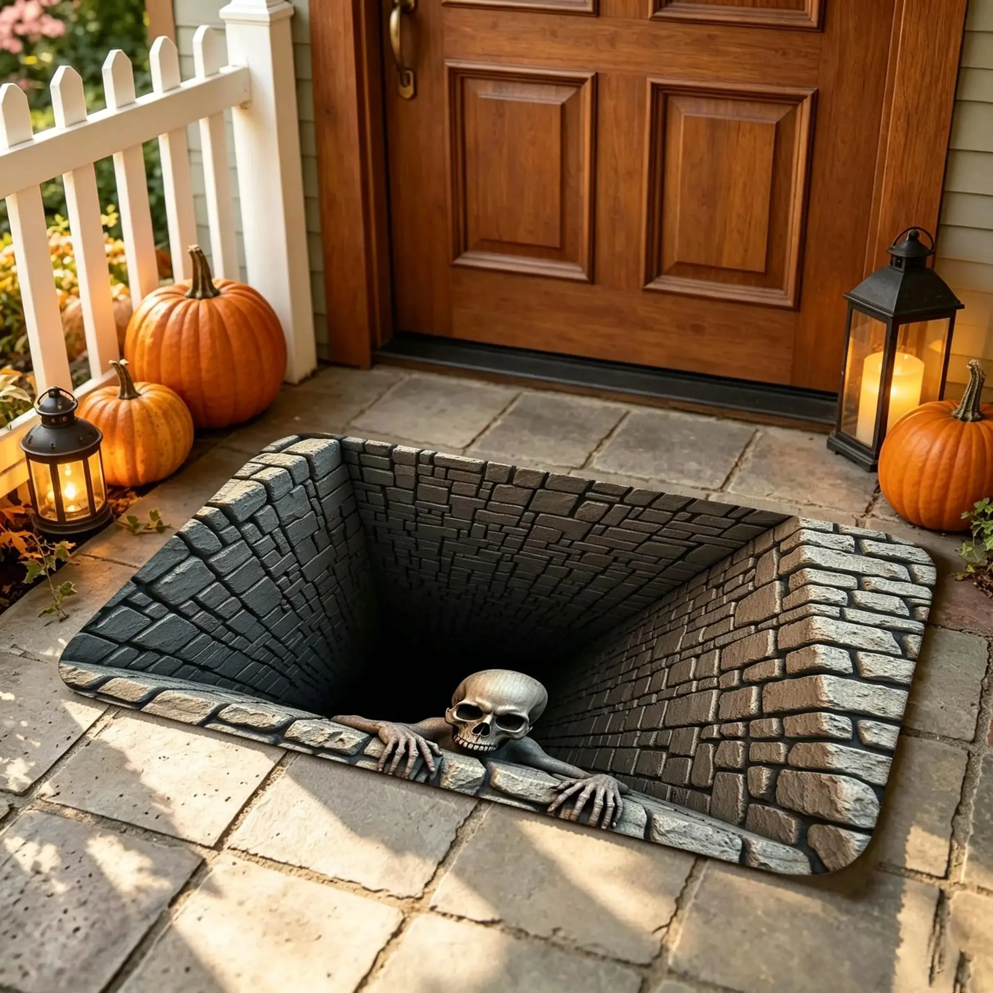 3D Illusion Halloween Doormat - Skeleton Bottomless Pit Design, PVC Surface, Waterproof Grip, Scary Optical Rug for Halloween Decorations, Outdoor Entry