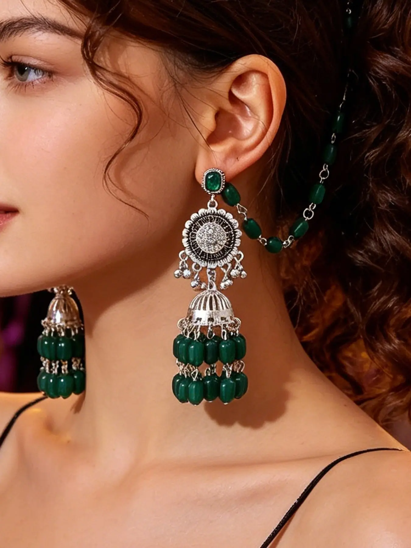 Indian Jhumka Earrings with Beaded Hair Chain for Women, Vintage Silver Emerald Green Bead Bell Tassel Drop Earrings, Boho Gypsy Tribal Festival Bahubali Statement Jewelry Pack, High Quality Earrings, 7 Colors Available