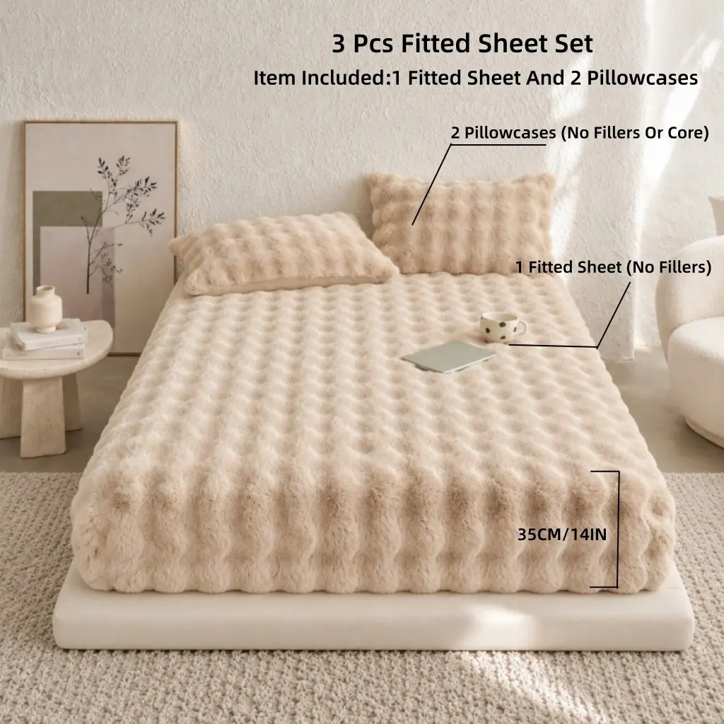 3-Piece Plush Shaggy Fitted Sheet Set Queen Size-Velvet Fitted Sheet Faux Fur Bottom Sheet with 14" Deep Pocket, Elastic Bed Sheet Set Fluffy Mattress Protector Bedspread,Flannel Warm Solid Mattress Cover With 2 Pillowcases,Khaki