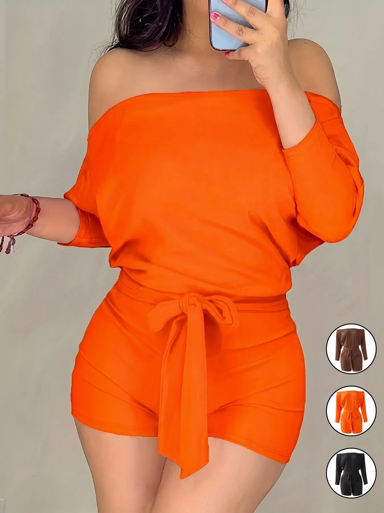 Women's Casual Solid Color One-Shoulder Batwing Long Sleeve Loose Jumpsuit Shorts, Comfortable and Stylish Full Body, Perfect for Everyday Wear