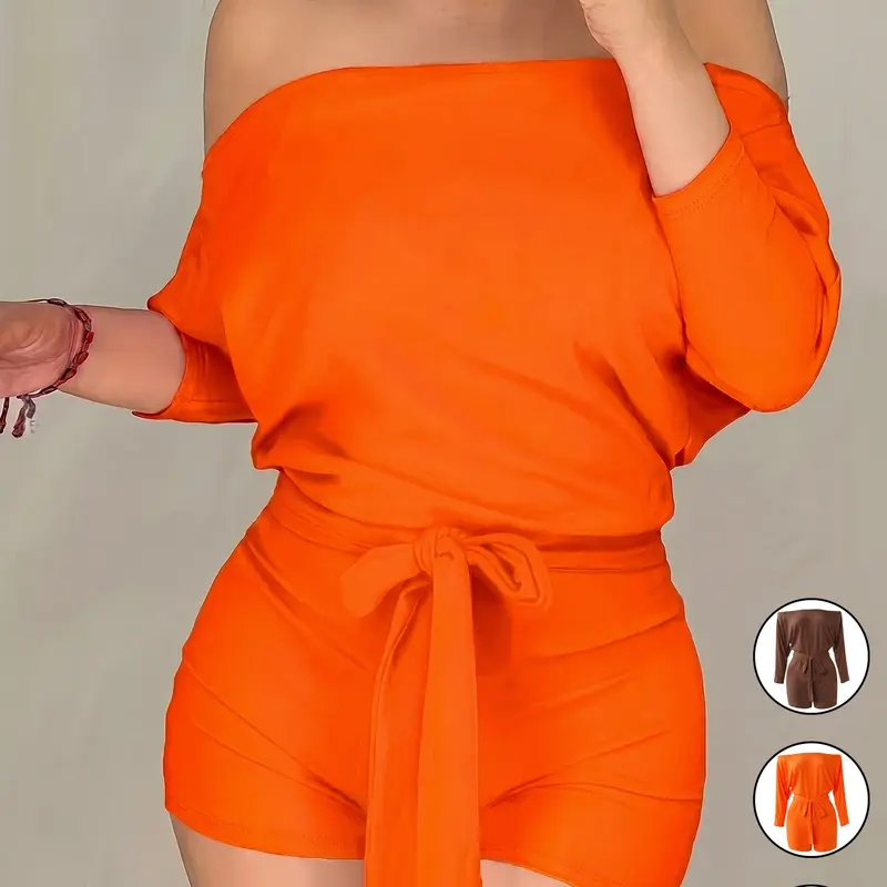 Women's Casual Basic Solid Color Off-Shoulder Batwing Long Sleeve Loose Romper, Comfortable and Stylish Outfit, Perfect for Daily and Wear, Everyday