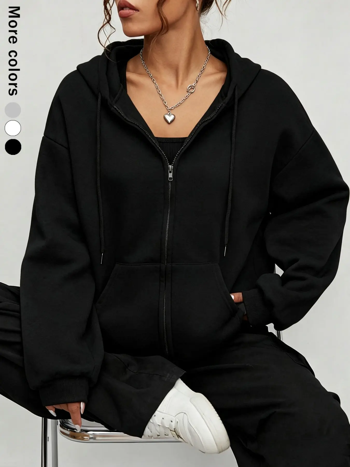 Women's Casual Loose-Fit Hooded Zipper Sweatshirt, Plain Color Fashion Open Front Cardigan, Essential for Minimalists, Multiple Colors Available