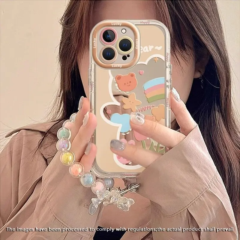Cute Bear Rabbit Mirror Phone Case, Round Ball Bracelet Candy Color Lanyard, Tpu Protective Cover for iPhone 17-11 Pro Max, Fashion Gift