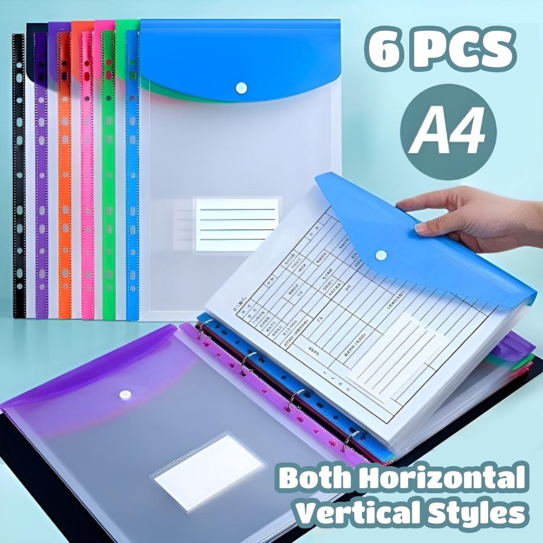 6/12-Pack A4 High-Capacity Loose Leaf File Bags - 11 Hole Binder Rings, Modern PP Material, Expandable Button and Label Pockets for School, Home, Office, Attendance, Travel - Portable Design