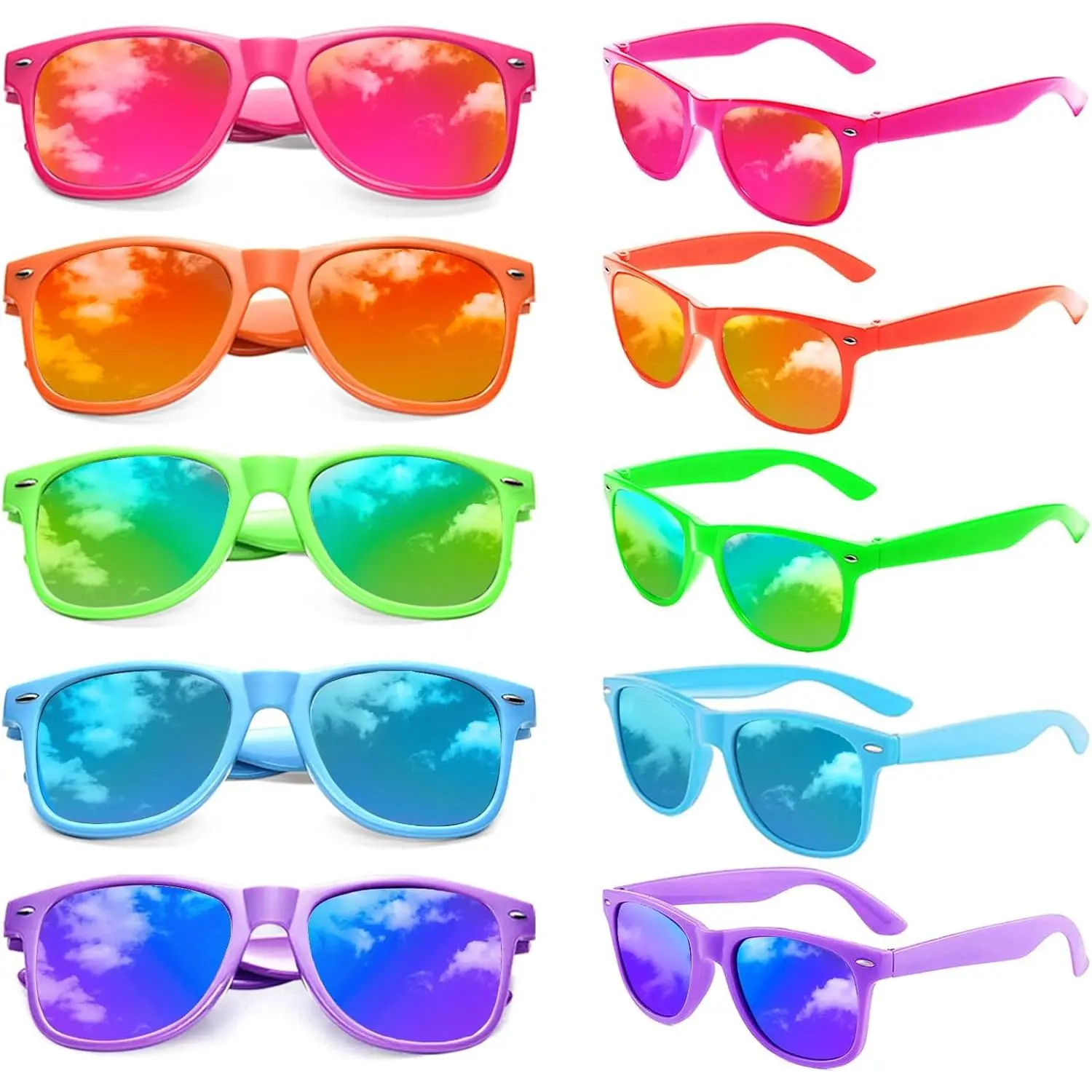 10/18 Pack Neon Colors Party Sunglasses Mirrored lens Colored Glasses Bulk Retro Shades for Unisex Adults Teens