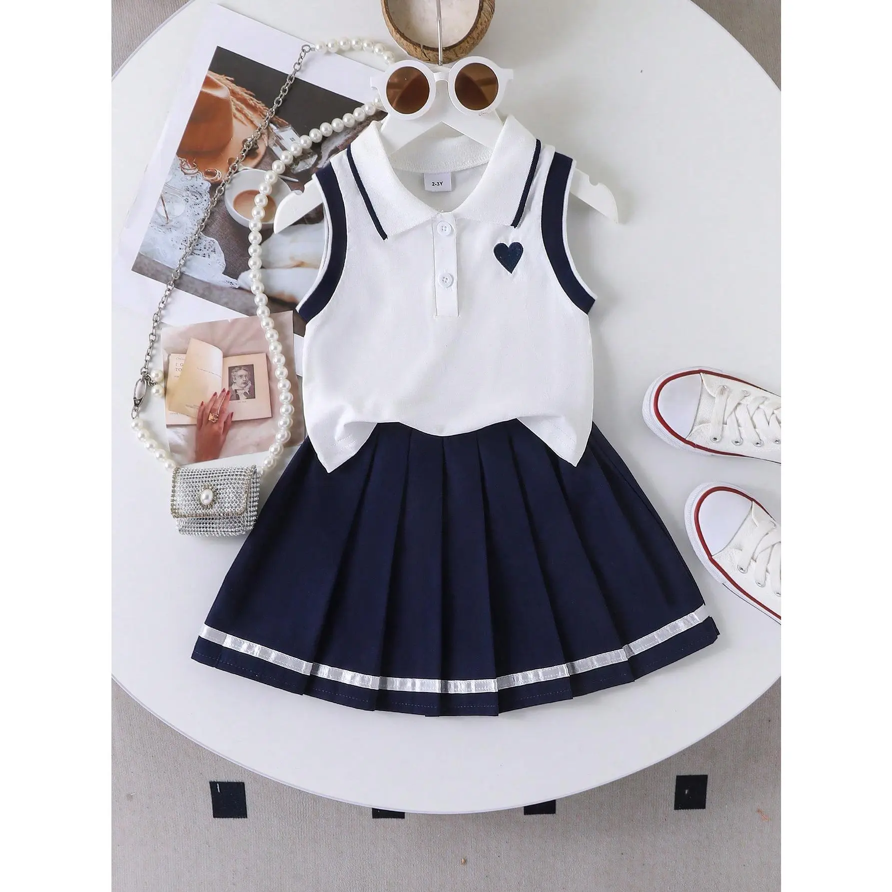 2pcs Girls School Sports Heart Embroidery Sleeveless Polo Neck Top And Pleated Skirt Set, For Summer