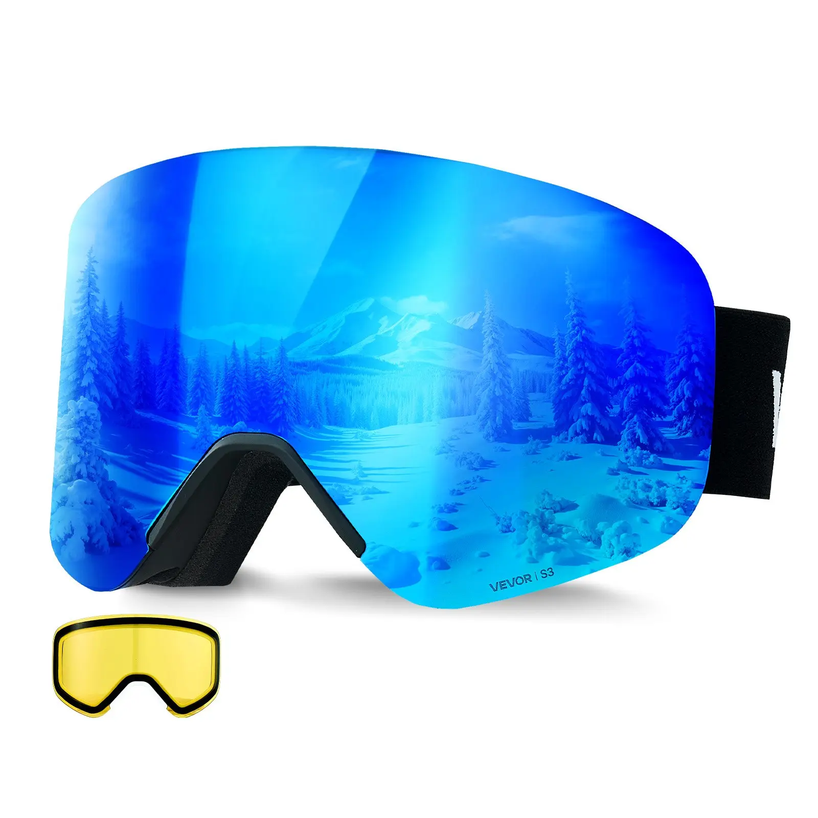 【toolupgrade】VEVOR Frameless Ski Goggles, Magnet Cylindrical Lens with Dark Blue Revo Coating, OTG Anti fog Snow Goggles for Men Women, TPU Frame Ventilation Structure, Fit for Skiing, Skating, Snowboarding