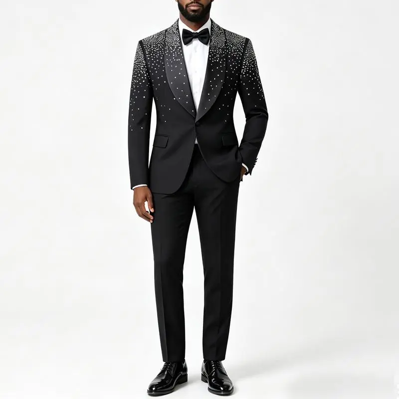 Men's Black Slim Fit Shawl Lapel Hot-Fix Rhinestone 2-Piece Suit, Formal Outfit for Wedding & Party