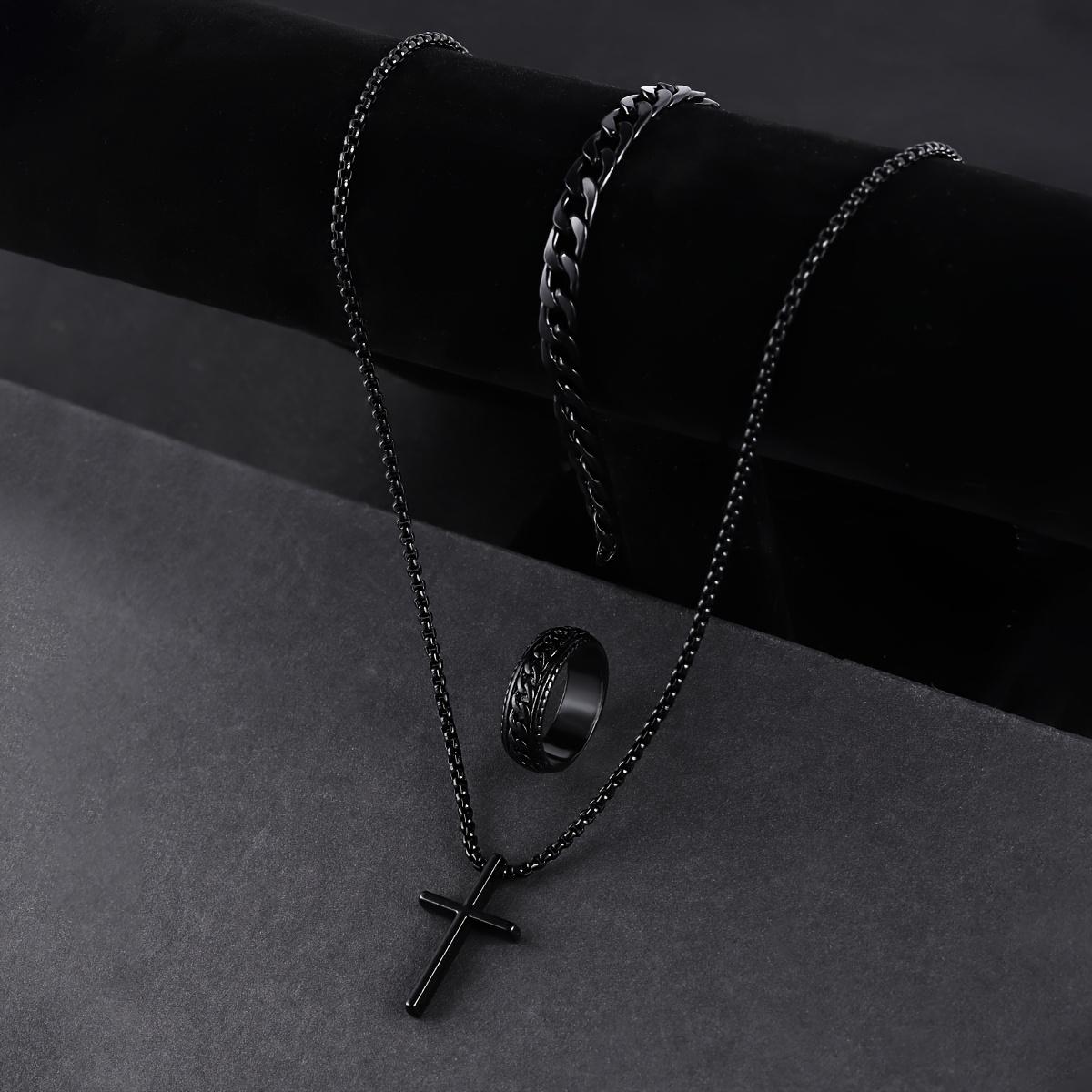 Men's Stainless Steel Cross Pendant Necklace Bracelet & Ring Set Elegant Fashionable Jewelry Gift for Holidays Durable Cohesive Ensemble