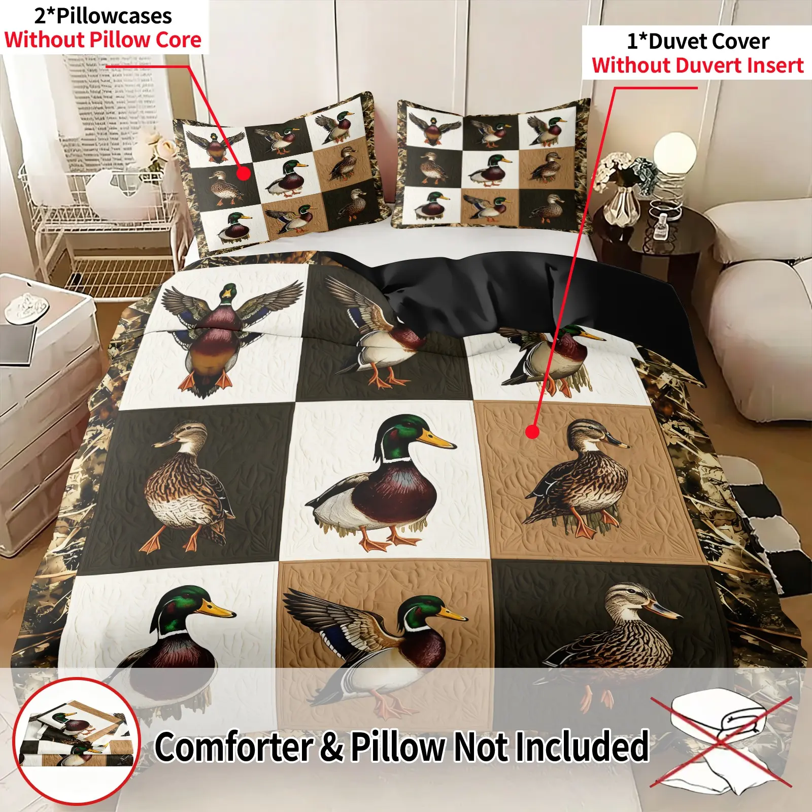 Mallard Duck Plaid Patchwork Duvet Cover Set, 1 Duvet & 2 Coreless Pillowcases, American Country Animal Print, Comfortable Easy Care Bedding, Outdoor Hunting Style Bedroom Hunter Element Lovers Room Decor