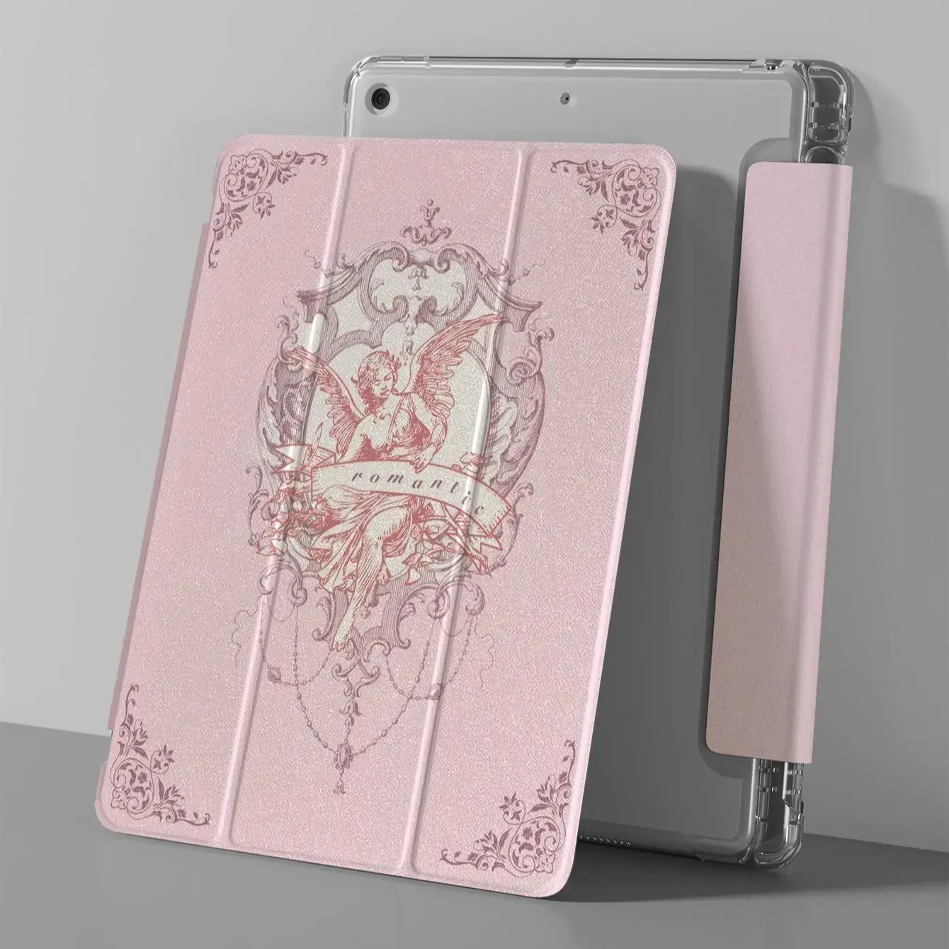 Pink Angel Pattern Folding Flip Cover - Adjustable Bracket, Pen Slot, Non-Slip TPU Protective Tablet Cover for Mini, Air, Pro, 10th Gen, 11th Gen & Other Tablet Series