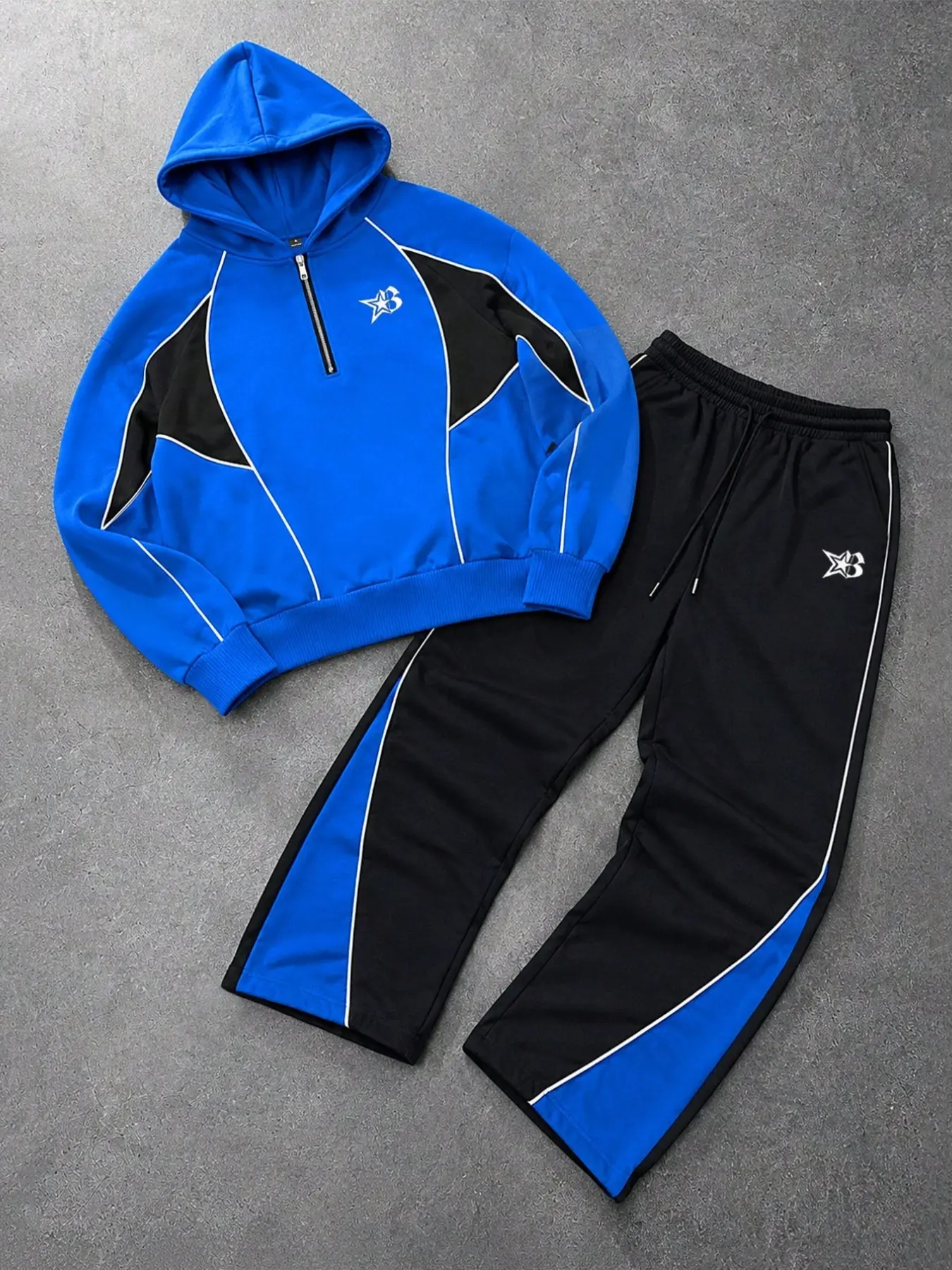 Two-piece tracksuit set, blue color-blocked half-zip hoodie & wide-leg pants, featuring a star logo, made from soft and comfortable casual fabric. Perfect for street style, skateboarding, campus outfits, and weekend casual outings. Sportswear Set
