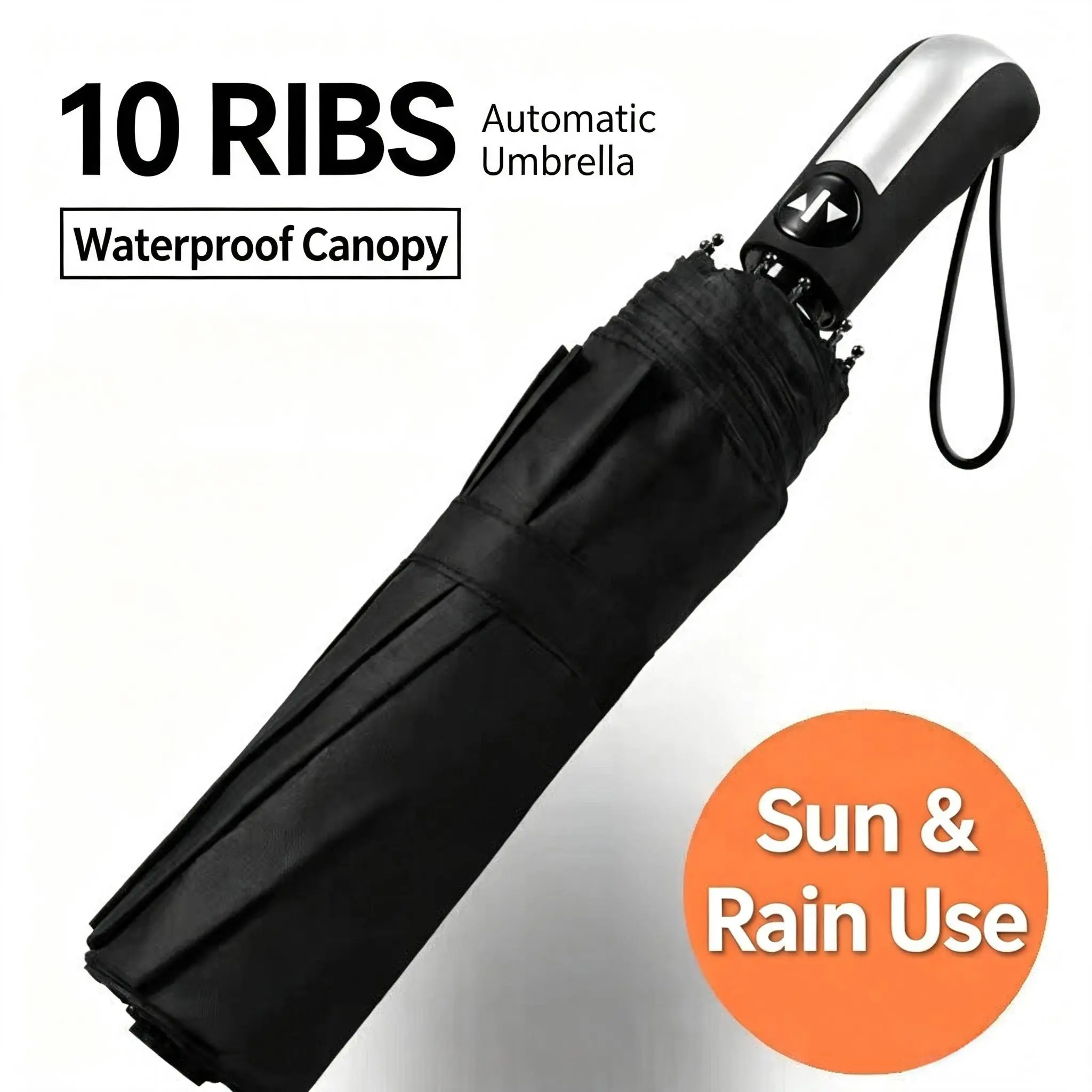 Gentlemen 10-Rib Fully Auto Fold Business Parasol, Storm Resistant, Anti-UV Coating, Sun & Rain 2-In-1 Travel Umbrella, 1pc