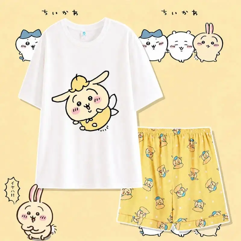 2Pcs Anime Chiikawa Pajama Set Usagi Homewear Hachiware Round Neck Tops and Pants Set Cute Cartoon Household Clothes Set Gift
