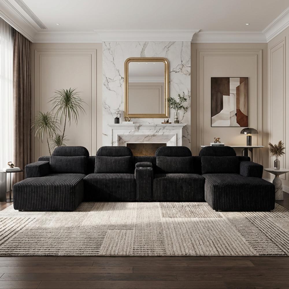 143.7-inch L-shaped sofa set with chaise longue and cup holders; modern black velvet sofa set; four-piece living room furniture set; oversized modular sofa; ideal for home theaters, living rooms, and luxury living spaces 143.7-inch L-shaped sofa set with chaise longue and cup holders; modern black velvet sofa set; four-piece living room furniture set; oversized modular sofa; ideal for home theaters, living rooms, and luxury living spaces