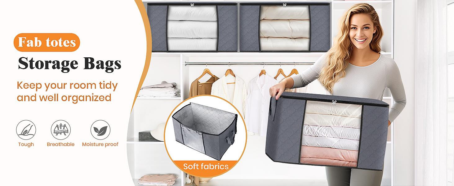 24 Gallons Clothes Storage, Foldable Thick ric Blanket Storage Bags, Containers for Organizing Bedroom, Closet, Clothing, Comforter, Organization with Handle (3 Pack,Grey)
