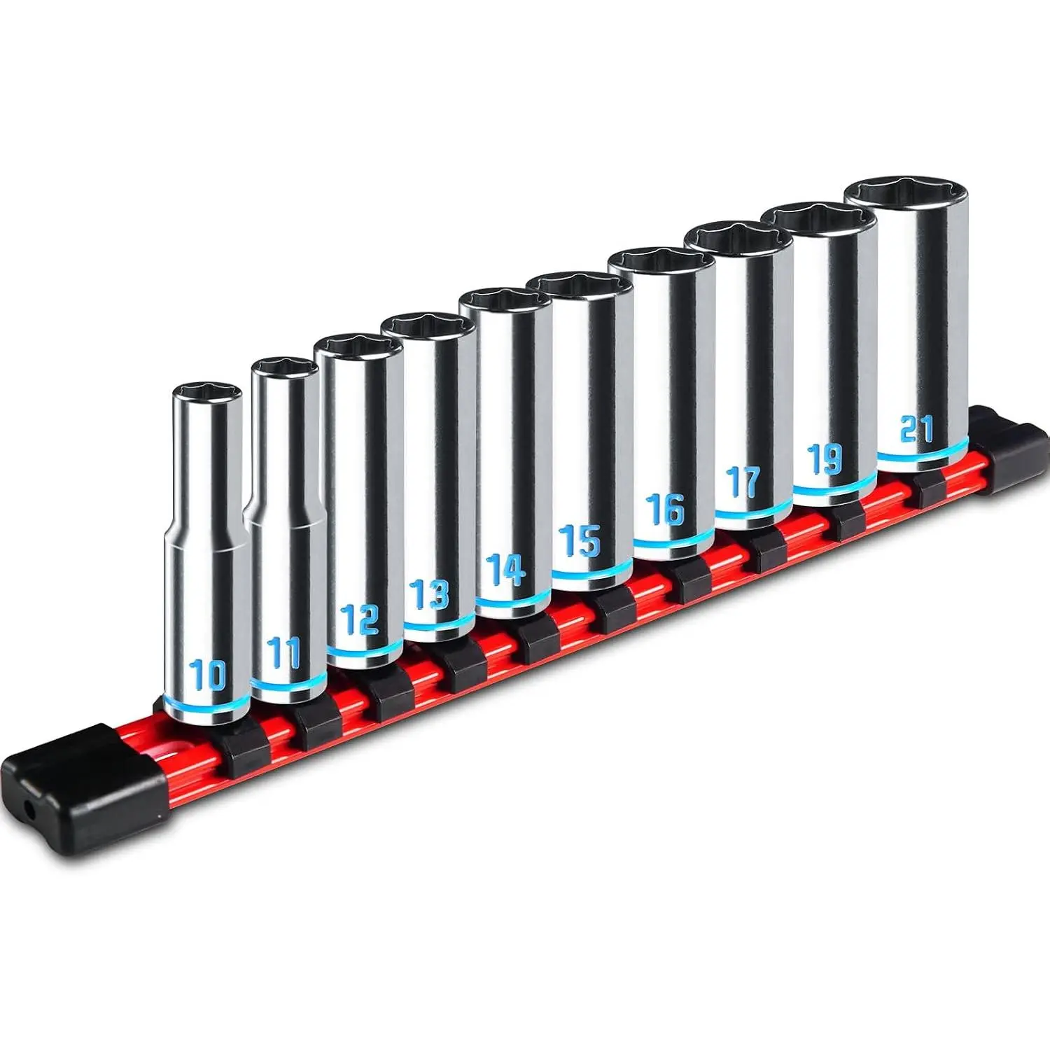 10-Piece 3/8-Inch Side Drive Deep Metric Socket Set (10-21mm), 6-Point Design, High Visibility Blue Embossed & Painted Markings, Mirror Chrome Finish, Cr-V Steel, Rail, Ideal for DIY Users & Maintenance Work