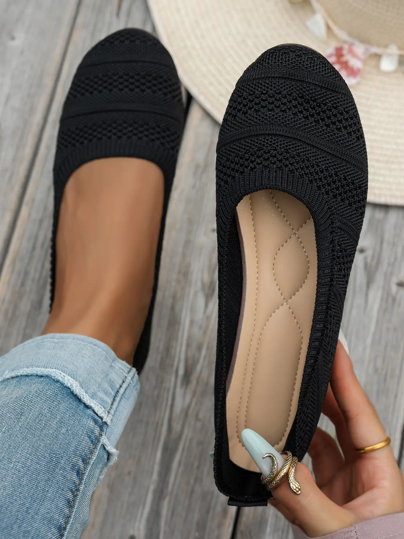 Flyknit Lazy One-Step Slip-On Low Top Shoes, Daily Office & Home Use Flat Shoes, Round Toe Plain Design Women's Casual Breathable Footwear