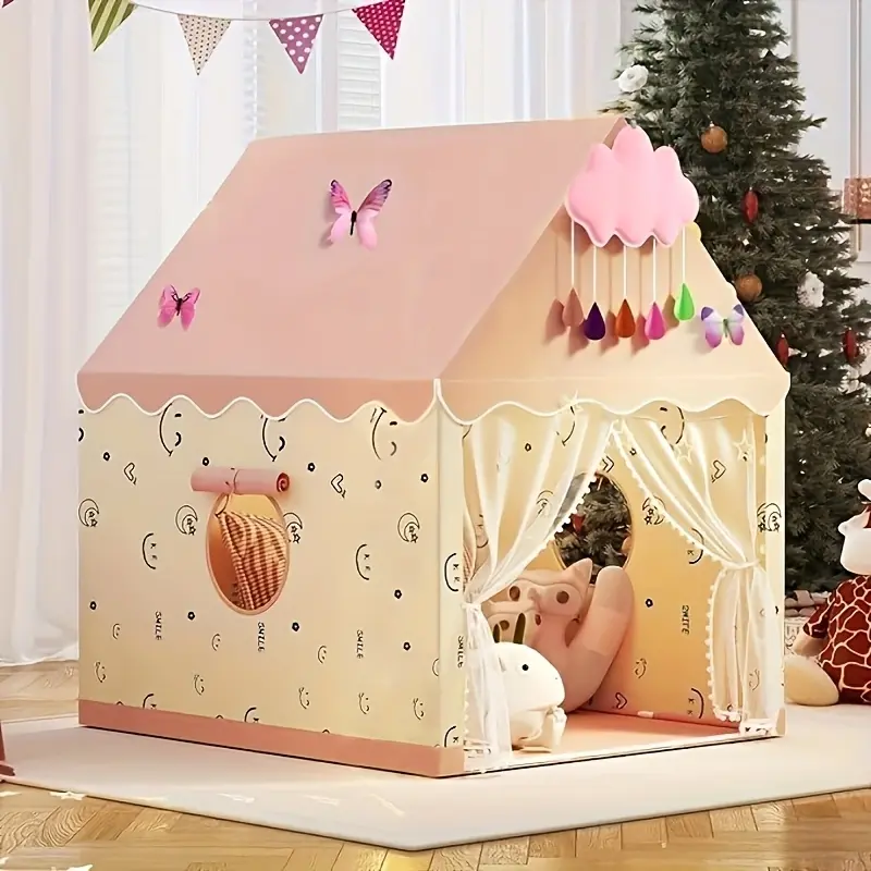[Children's Tent] Smiling Face Pink Beige Tent with Clouds and Butterflies, No Light, Divided Bed Magic, Children's Tent