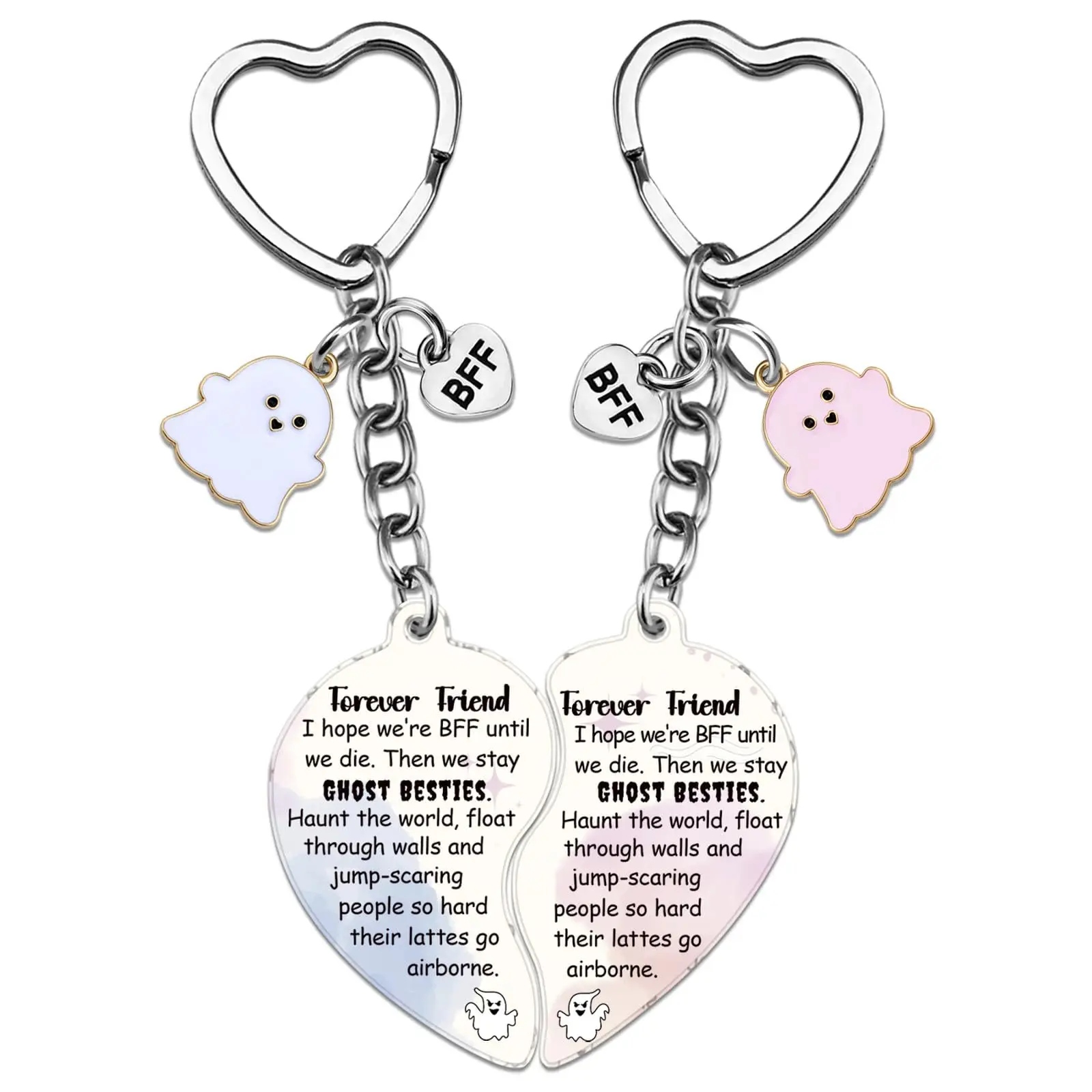 2Pcs Half Broken Heart Matching Keychains, Forever Friend BFF Ghost Letter Key Ring, Cute Ghost Charm Friendship Keepsake Gift for Bestie Women Birthday Holiday Present